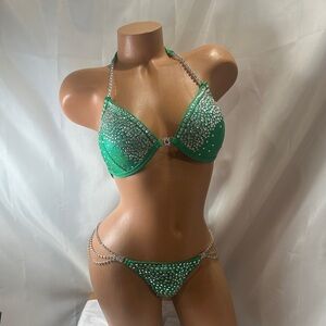 Competition bikini suit Green handmade Crystal rhinestone 34DD small bottom